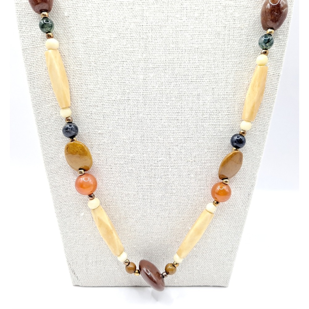 Vintage Beggars Bead Necklace Polished Stone Fall Earth Tones 28" - Picture 4 of 13